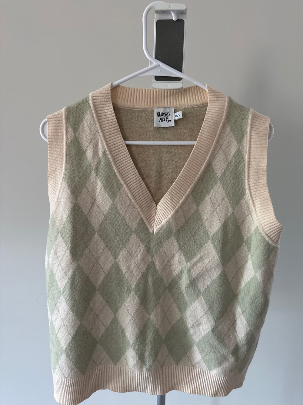Princess Polly Cream & Sage Argyle V-Neck Sweater Vest